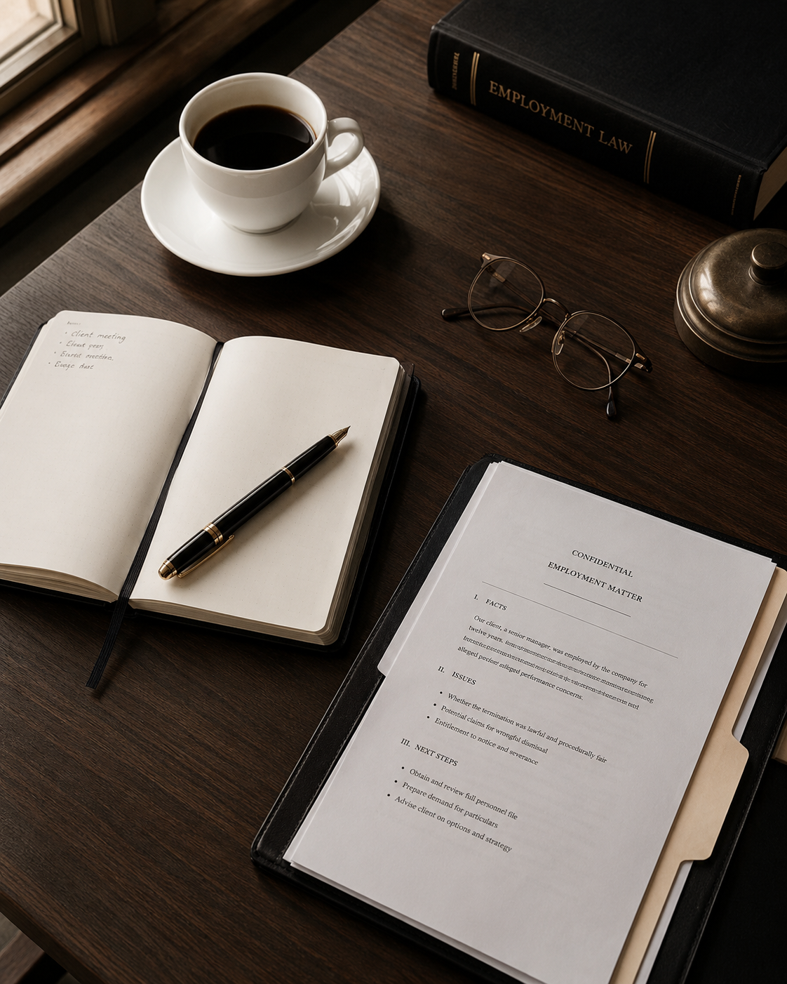 Bureau d'avocat : carnet, stylo plume, café, dossier confidentiel en droit du travail